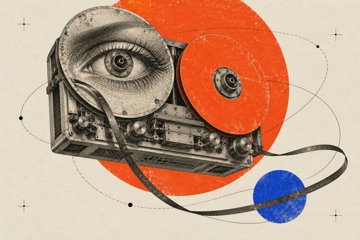 An imagined listening machine assembled from engraved reels, an eye, and magnetic tape.