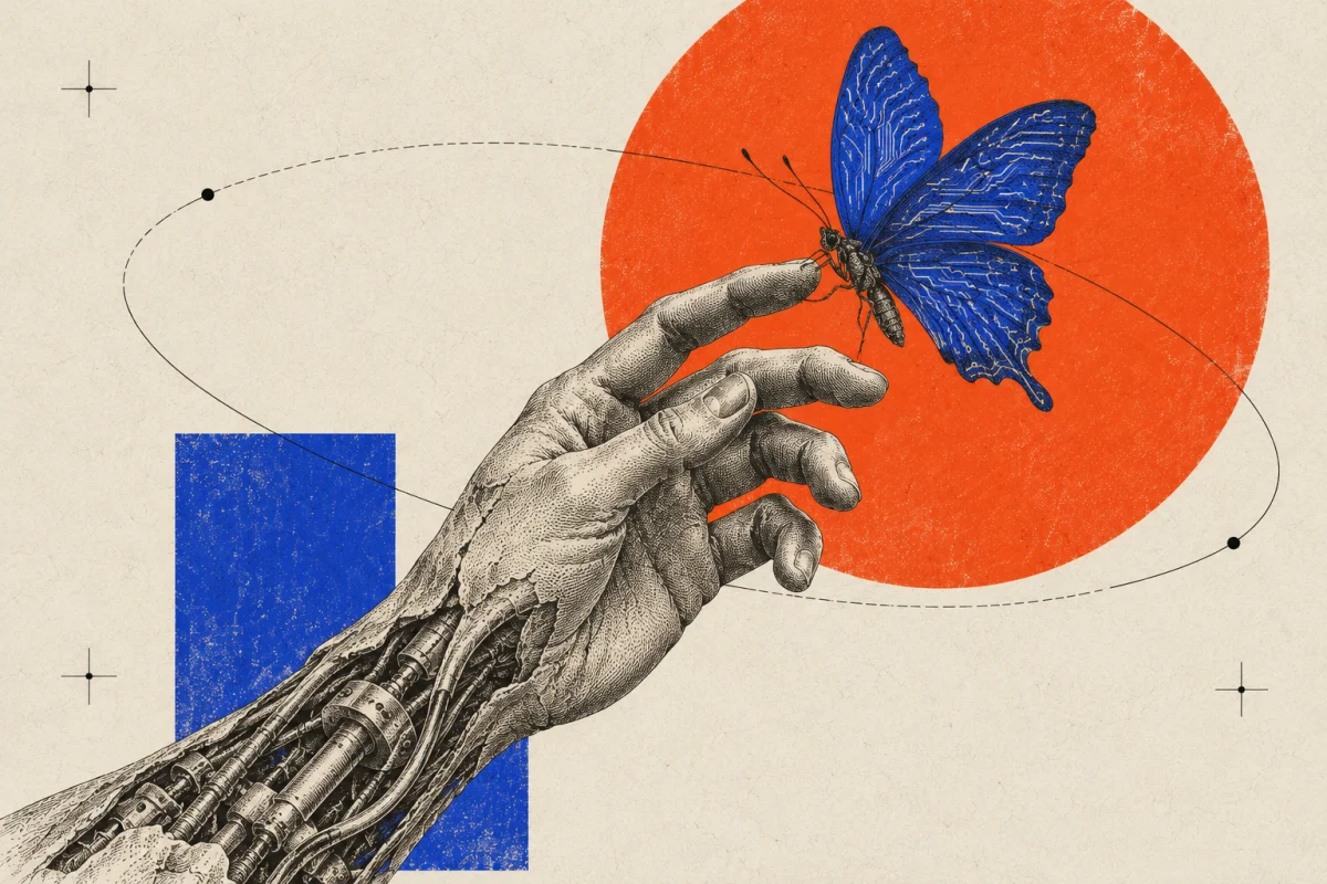 An engraved mechanical hand meeting a cobalt butterfly against an orange disc.