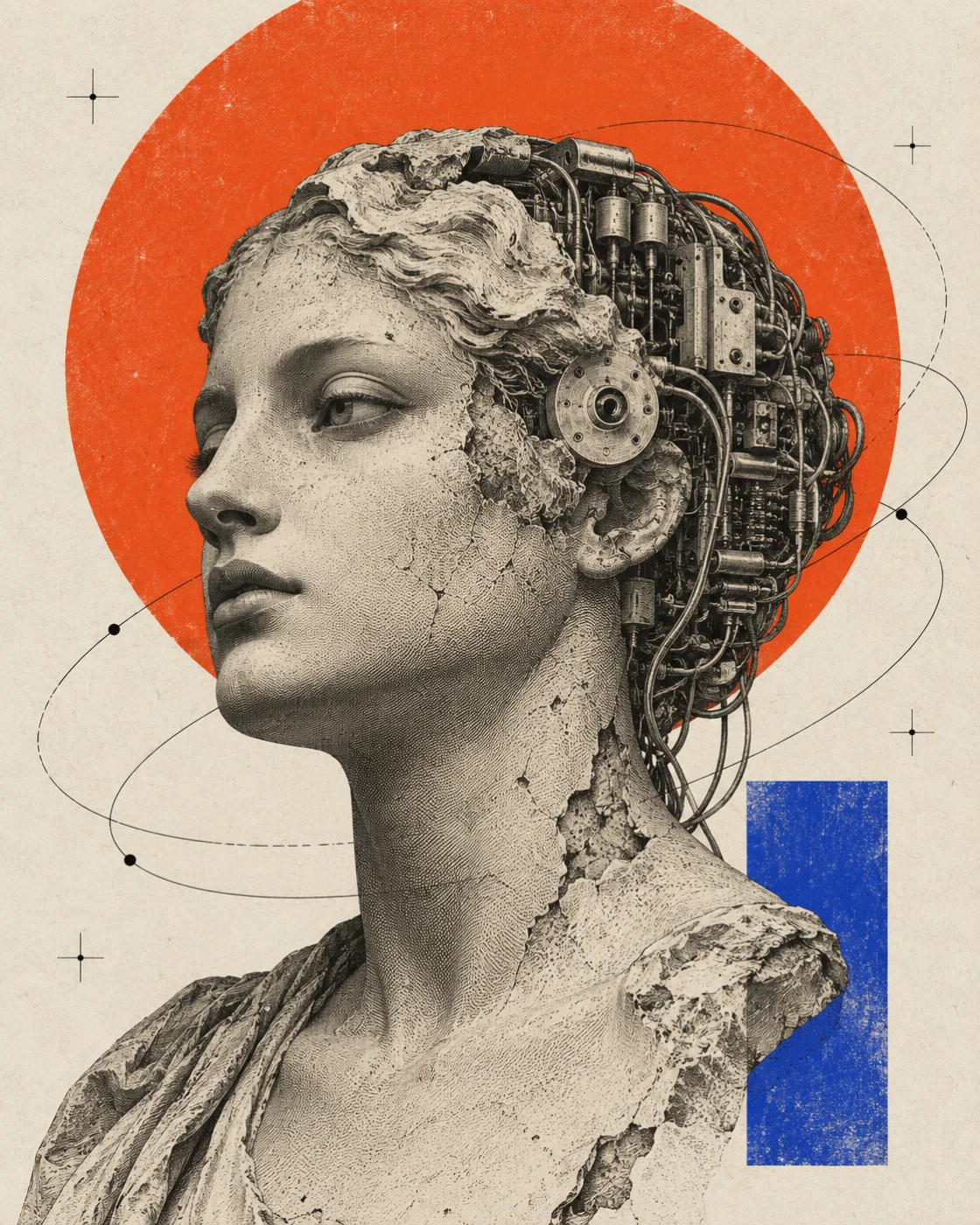 A classical human face joined to a mechanical mind, against a vermilion sun.